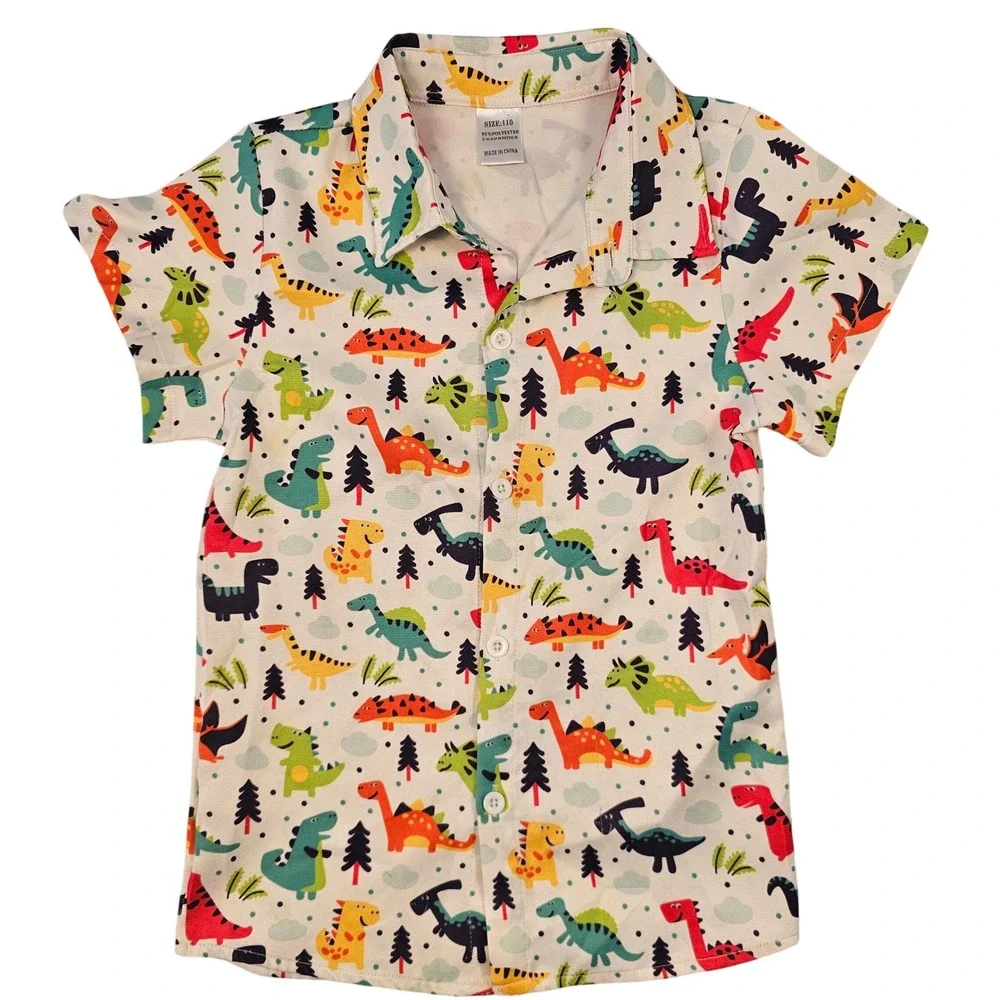 Boys Dinosaur Print Short Sleeve Button Down Shirt Cream Multi Size 110/5T‎